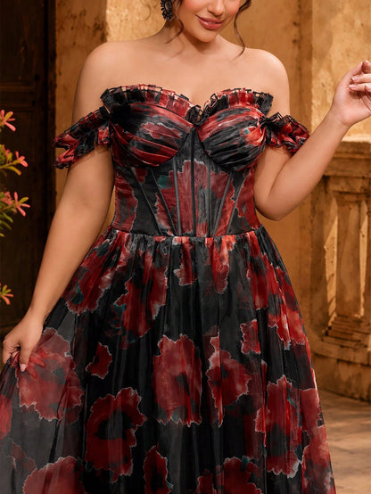VIPGIRL New Black Plus Size 3D Floral Mesh Elegant Luxurious Formal Evening Gown