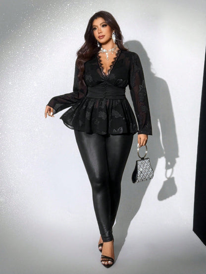 Viva Relle Plus Size Women Ruched V-Neck Long Sleeve Blouse