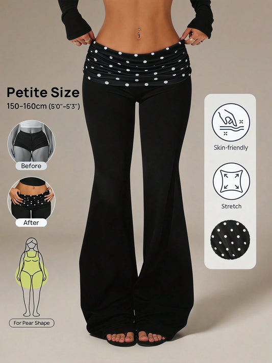 Vivamere Solid Color Knit Casual Y2k Chic Vacation Pants For Women Contrast Polka Dot Folding Waist Flared Trousers Pilates Black And White Polka Dot