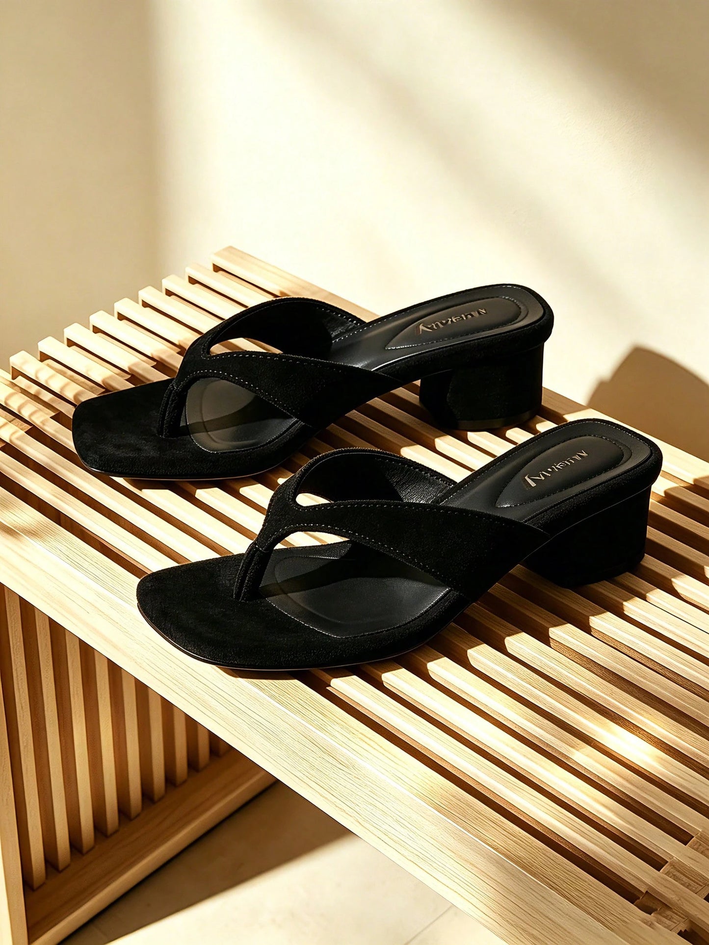 vivianly Black Sandals For Women Summer Elegant Suede Flip Flops Fashion Square Toe Low Chunky Heel Thong Sandals Casual Slip On Mules Shoes