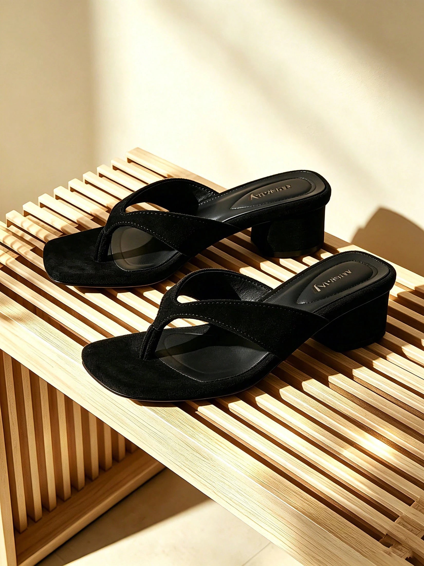 vivianly Black Sandals For Women Summer Elegant Suede Flip Flops Fashion Square Toe Low Chunky Heel Thong Sandals Casual Slip On Mules Shoes