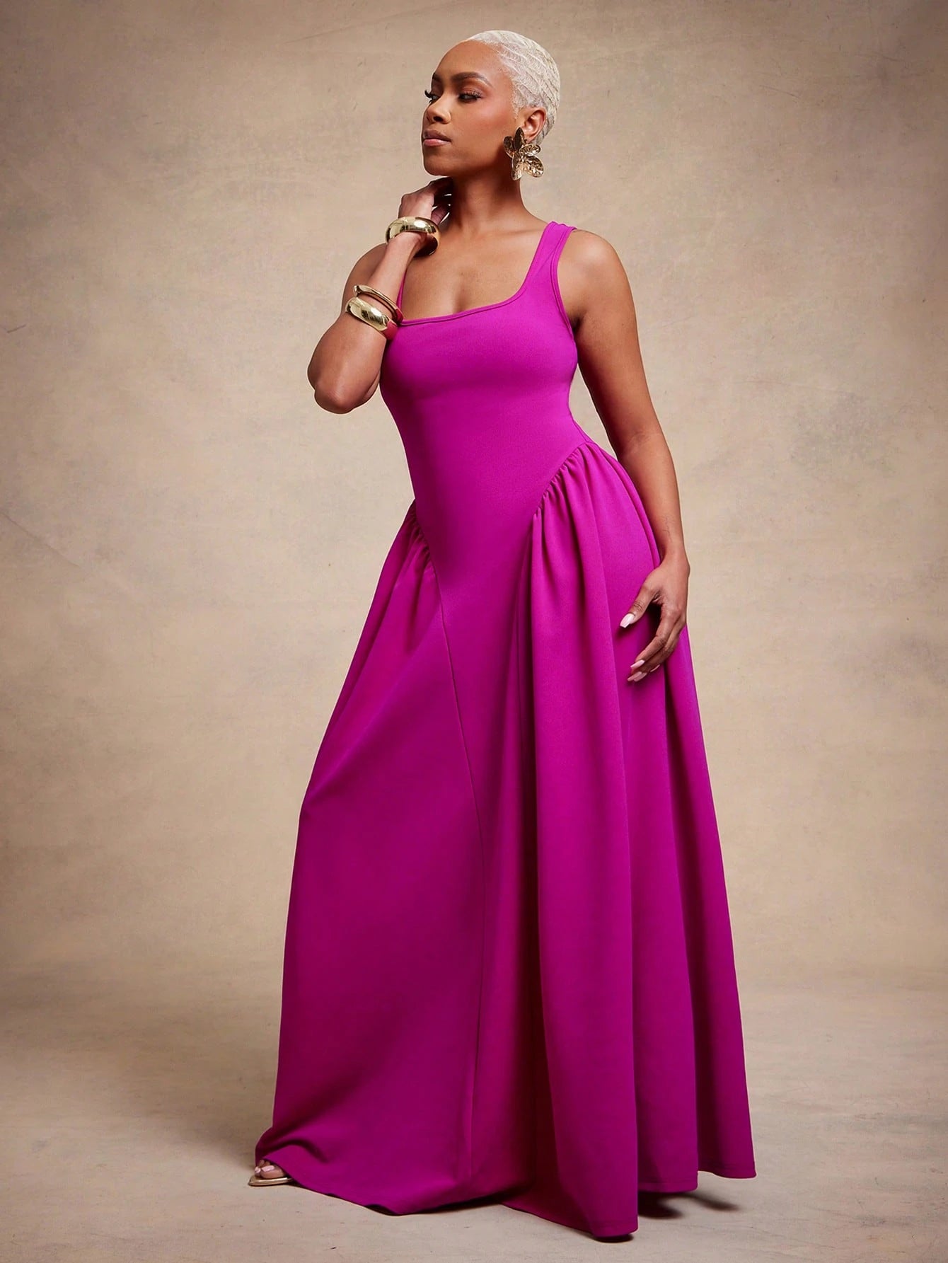 Vixey Knit Crepe Square Neck Drop Waist Maxi Dress, Wedding Guest, Cocktail, Elegant, Date Night, Glamorous, Special Occasion