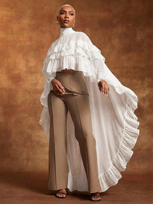 Vixey Sheer Chiffon Layered Ruffle Mock Neck Hi Low Hem Top, Elegant, Boho, Spring Tops, Romantic