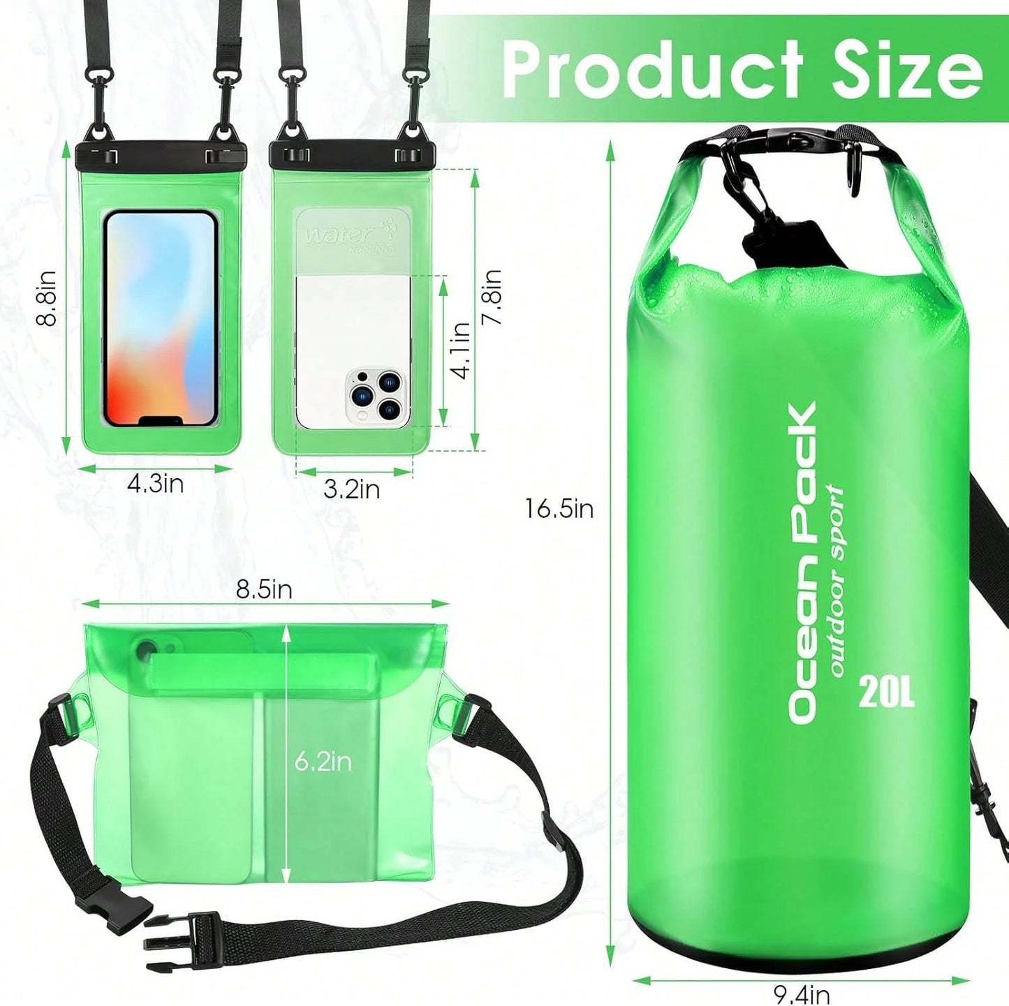 VZZNN Set Of 3 Waterproof Dry Bag- 20L Lightweight Dry Sack With Waterproof Waist Pouch &Amp; Phone Case, Dry Storage Bag Backpack For Kayaking, Beach, Surfing, Swimming And Beach,Green