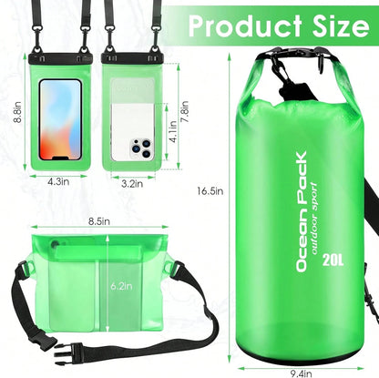 VZZNN Set Of 3 Waterproof Dry Bag- 20L Lightweight Dry Sack With Waterproof Waist Pouch &Amp; Phone Case, Dry Storage Bag Backpack For Kayaking, Beach, Surfing, Swimming And Beach,Green