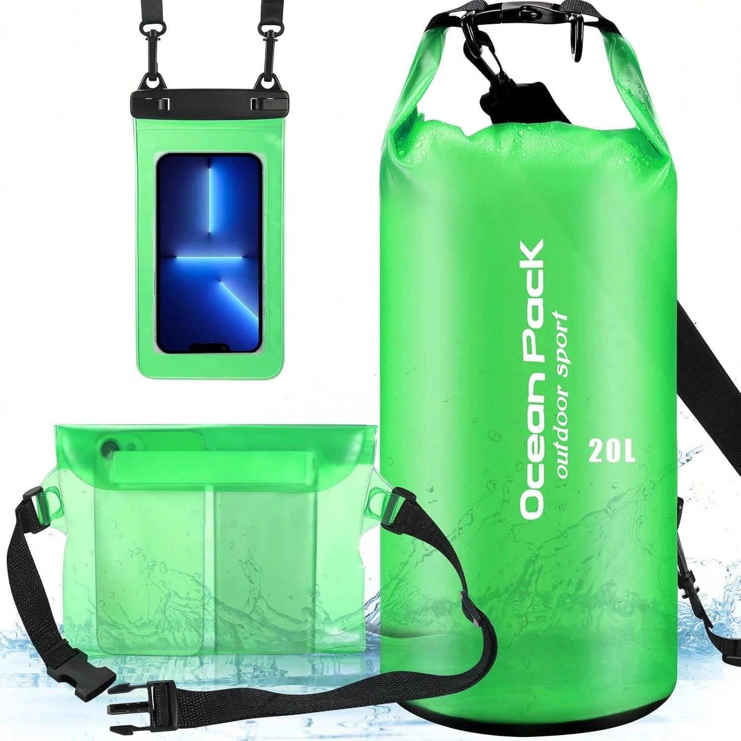 VZZNN Set Of 3 Waterproof Dry Bag- 20L Lightweight Dry Sack With Waterproof Waist Pouch &Amp; Phone Case, Dry Storage Bag Backpack For Kayaking, Beach, Surfing, Swimming And Beach,Green