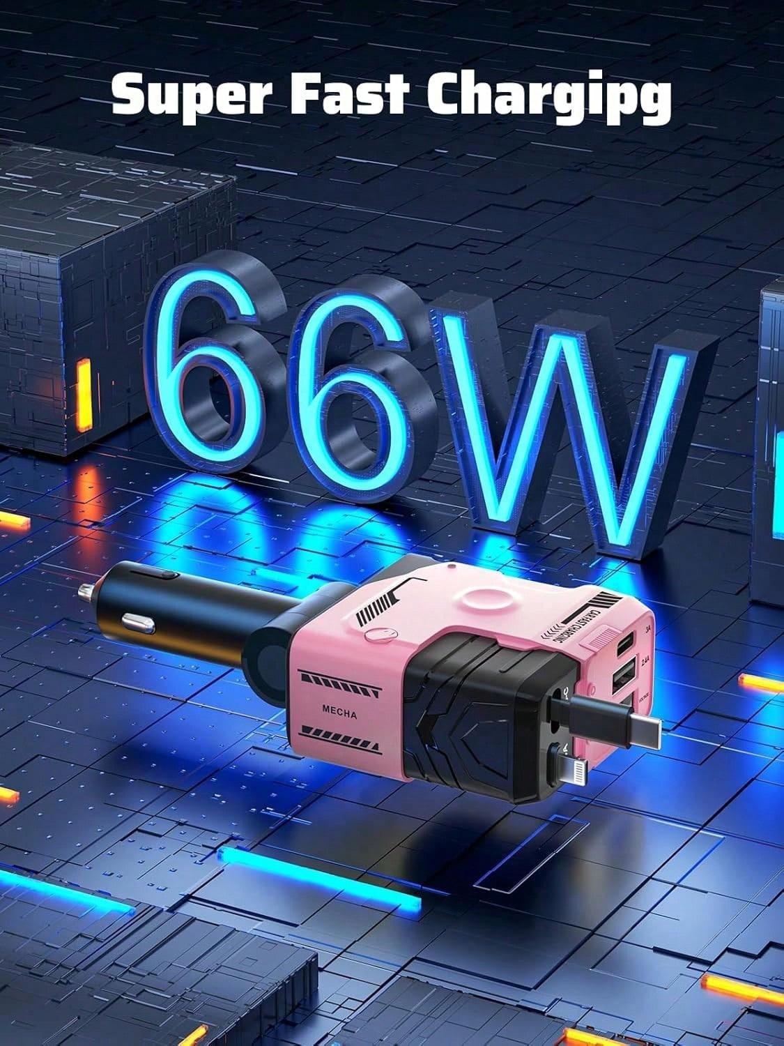 W&O 4 In 1 Retractable Car Fast Charger In Mech-Style 65W Charger Car Charger With Retractable Cablea And Multi-Port Usb C Holiday Gifts,Car Essential,Room Decor,Compatible With Iphone,Halloween Gift