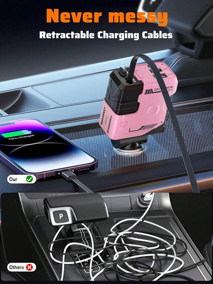 W&O 4 In 1 Retractable Car Fast Charger In Mech-Style 65W Charger Car Charger With Retractable Cablea And Multi-Port Usb C Holiday Gifts,Car Essential,Room Decor,Compatible With Iphone,Halloween Gift