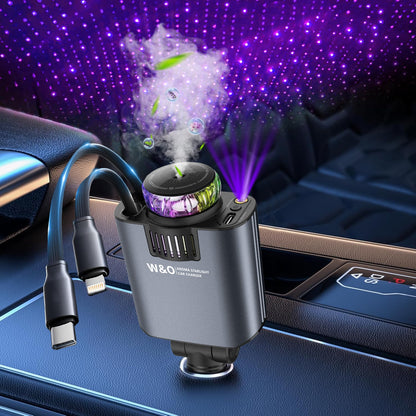 W&O Car Acessesories With 3-In-1 Multifunctional Car Charger: Perfume Diffuser, Purple Starry Sky Light & Dual 80cm Retractable Cable Charger – Durable Design, Perfect Christmas/Birthday Gift For Car