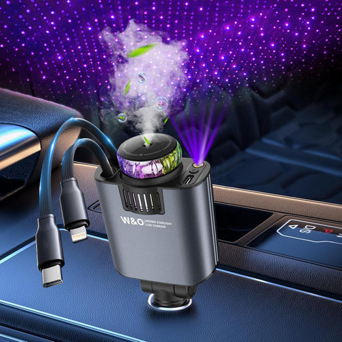 W&O Car Acessesories With 3-In-1 Multifunctional Car Charger: Perfume Diffuser, Purple Starry Sky Light & Dual 80cm Retractable Cable Charger – Durable Design, Perfect Christmas/Birthday Gift For Car