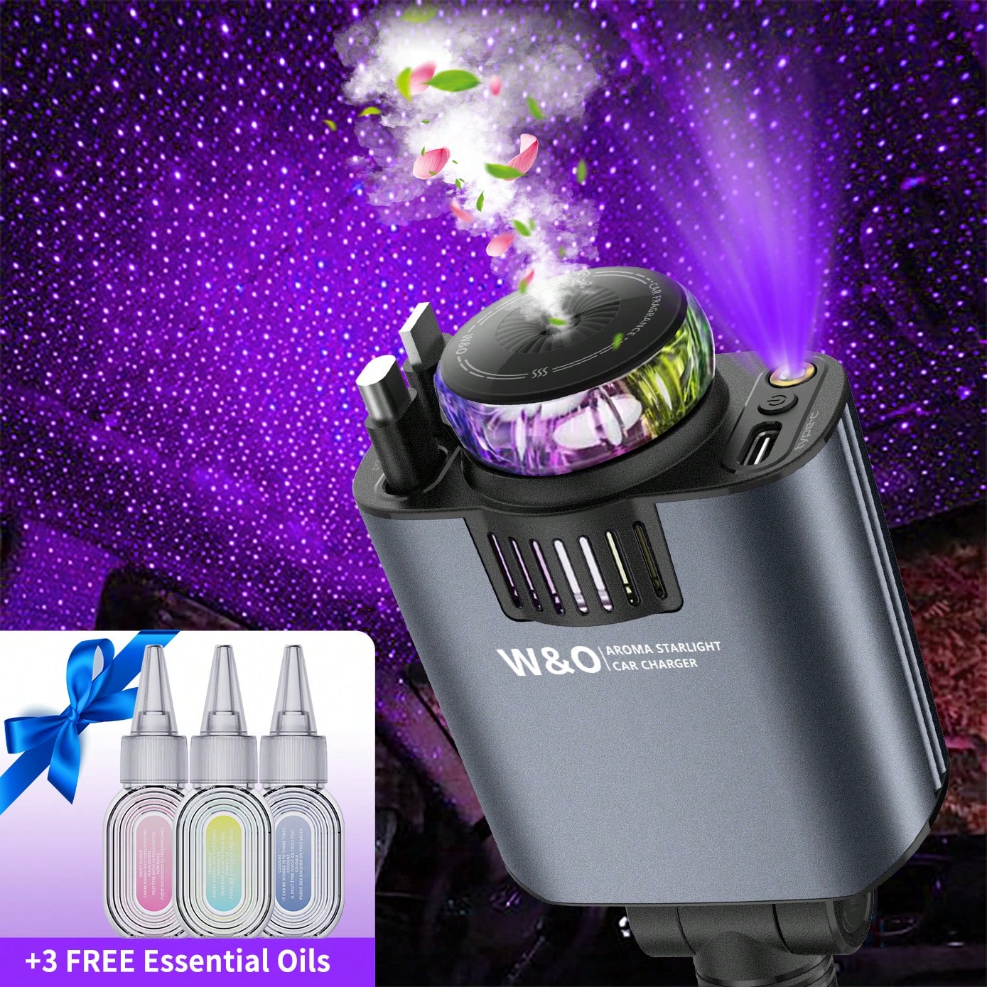 W&O Car Acessesories With 3-In-1 Multifunctional Car Charger: Perfume Diffuser, Purple Starry Sky Light & Dual 80cm Retractable Cable Charger – Durable Design, Perfect Christmas/Birthday Gift For Car