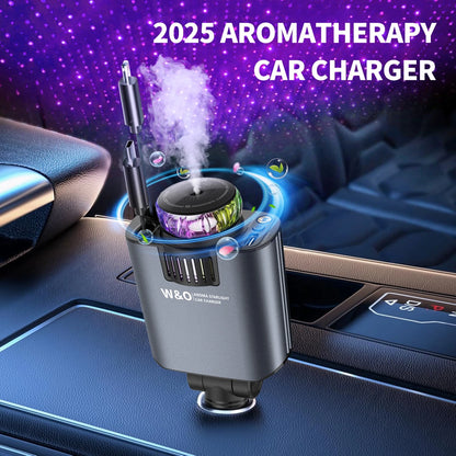 W&O Car Acessesories With 3-In-1 Multifunctional Car Charger: Perfume Diffuser, Purple Starry Sky Light & Dual 80cm Retractable Cable Charger – Durable Design, Perfect Christmas/Birthday Gift For Car