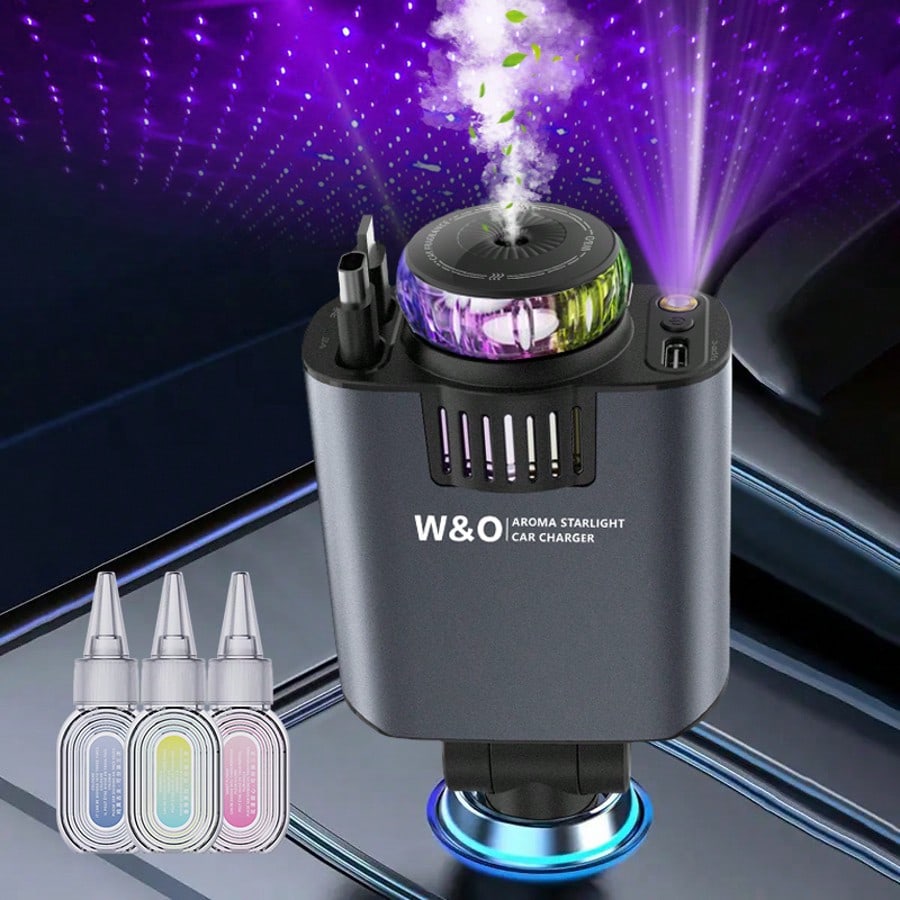 W&O Car Acessesories With 3-In-1 Multifunctional Car Charger: Perfume Diffuser, Purple Starry Sky Light & Dual 80cm Retractable Cable Charger – Durable Design, Perfect Christmas/Birthday Gift For Car