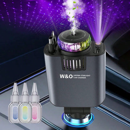 W&O Car Acessesories With 3-In-1 Multifunctional Car Charger: Perfume Diffuser, Purple Starry Sky Light & Dual 80cm Retractable Cable Charger – Durable Design, Perfect Christmas/Birthday Gift For Car