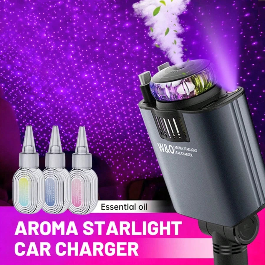 W&O Car Acessesories With 3-In-1 Multifunctional Car Charger: Perfume Diffuser, Purple Starry Sky Light & Dual 80cm Retractable Cable Charger – Durable Design, Perfect Christmas/Birthday Gift For Car