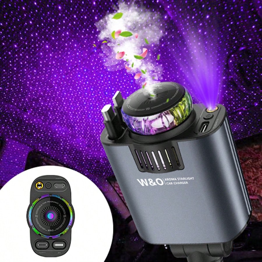 W&O Car Acessesories With 3-In-1 Multifunctional Car Charger: Perfume Diffuser, Purple Starry Sky Light & Dual 80cm Retractable Cable Charger – Durable Design, Perfect Christmas/Birthday Gift For Car