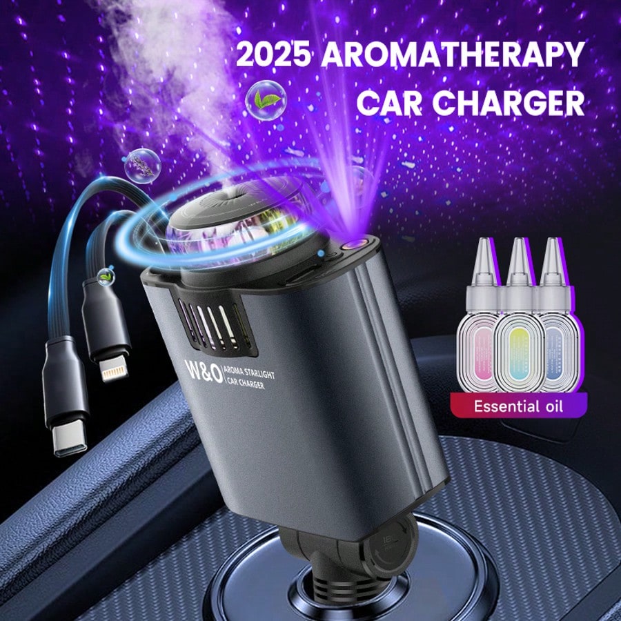 W&O Car Acessesories With 3-In-1 Multifunctional Car Charger: Perfume Diffuser, Purple Starry Sky Light & Dual 80cm Retractable Cable Charger – Durable Design, Perfect Christmas/Birthday Gift For Car