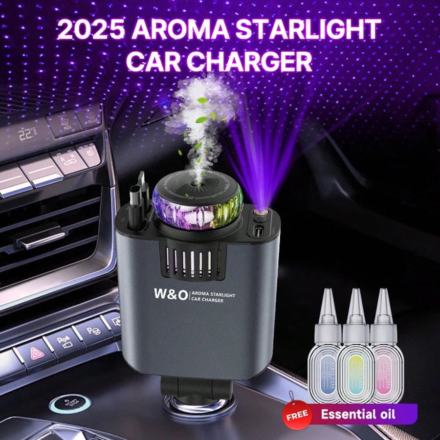 W&O Car Acessesories With 3-In-1 Multifunctional Car Charger: Perfume Diffuser, Purple Starry Sky Light & Dual 80cm Retractable Cable Charger – Durable Design, Perfect Christmas/Birthday Gift For Car