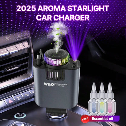 W&O Car Acessesories With 3-In-1 Multifunctional Car Charger: Perfume Diffuser, Purple Starry Sky Light & Dual 80cm Retractable Cable Charger – Durable Design, Perfect Christmas/Birthday Gift For Car