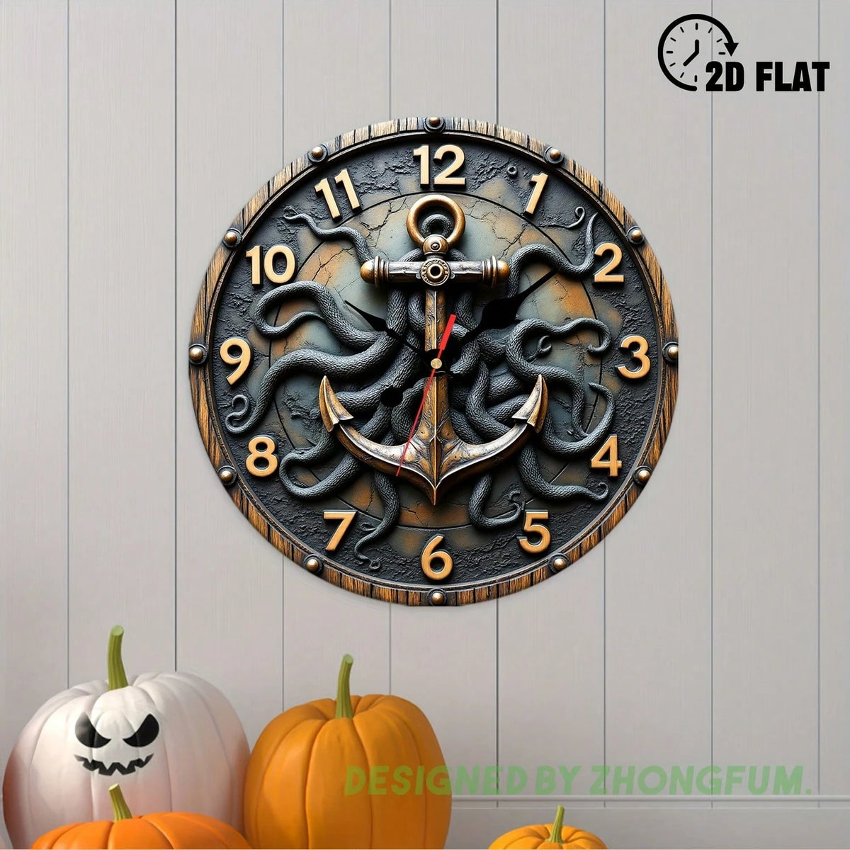 Wall Clock Decoration, Anchor And Tentacle. 2D Flat Pattern Wooden Silent Non-Ticking Bedroom Clock, Quiet Teaching Clock, Suitable For School