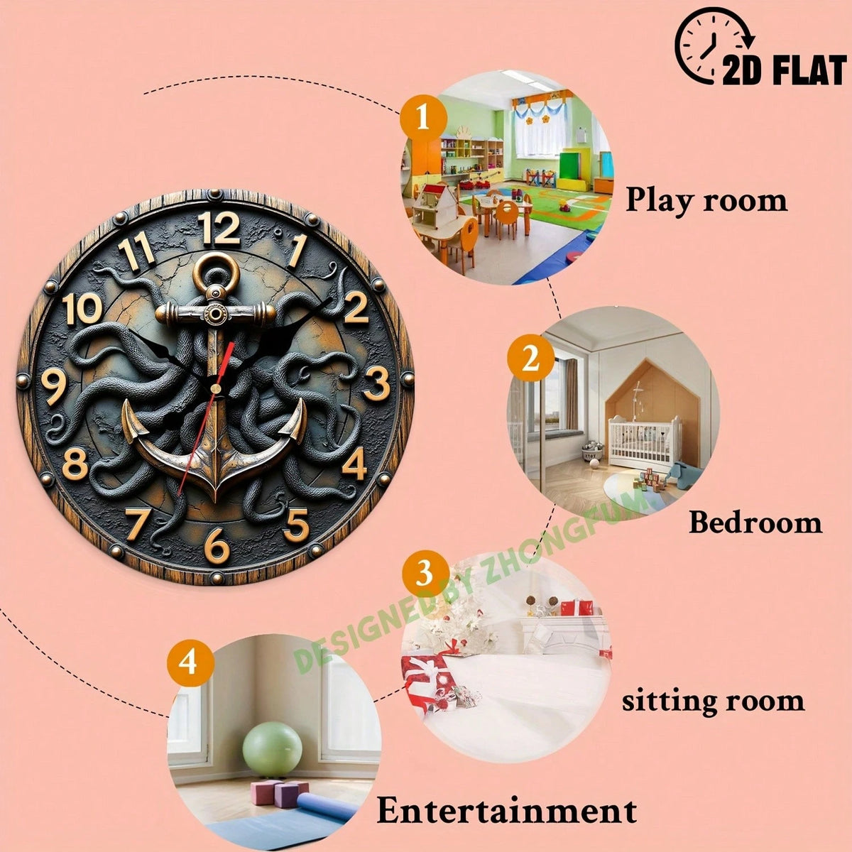 Wall Clock Decoration, Anchor And Tentacle. 2D Flat Pattern Wooden Silent Non-Ticking Bedroom Clock, Quiet Teaching Clock, Suitable For School