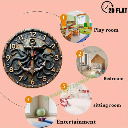 Wall Clock Decoration, Anchor And Tentacle. 2D Flat Pattern Wooden Silent Non-Ticking Bedroom Clock, Quiet Teaching Clock, Suitable For School