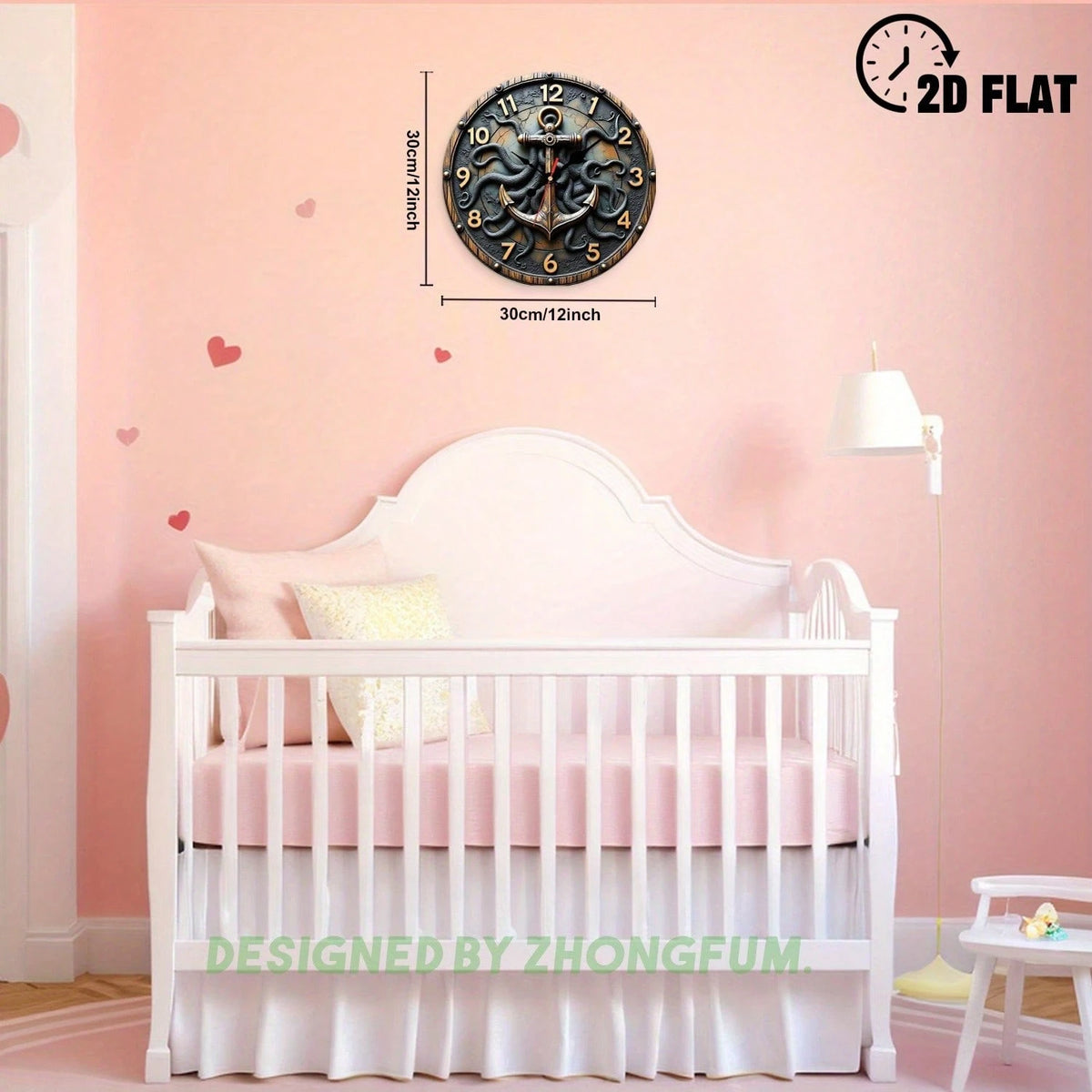 Wall Clock Decoration, Anchor And Tentacle. 2D Flat Pattern Wooden Silent Non-Ticking Bedroom Clock, Quiet Teaching Clock, Suitable For School