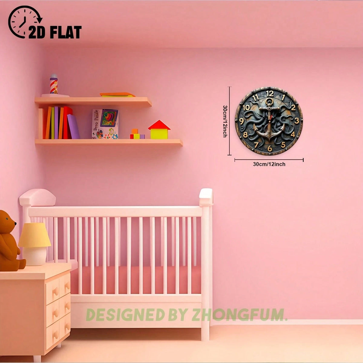 Wall Clock Decoration, Anchor And Tentacle. 2D Flat Pattern Wooden Silent Non-Ticking Bedroom Clock, Quiet Teaching Clock, Suitable For School