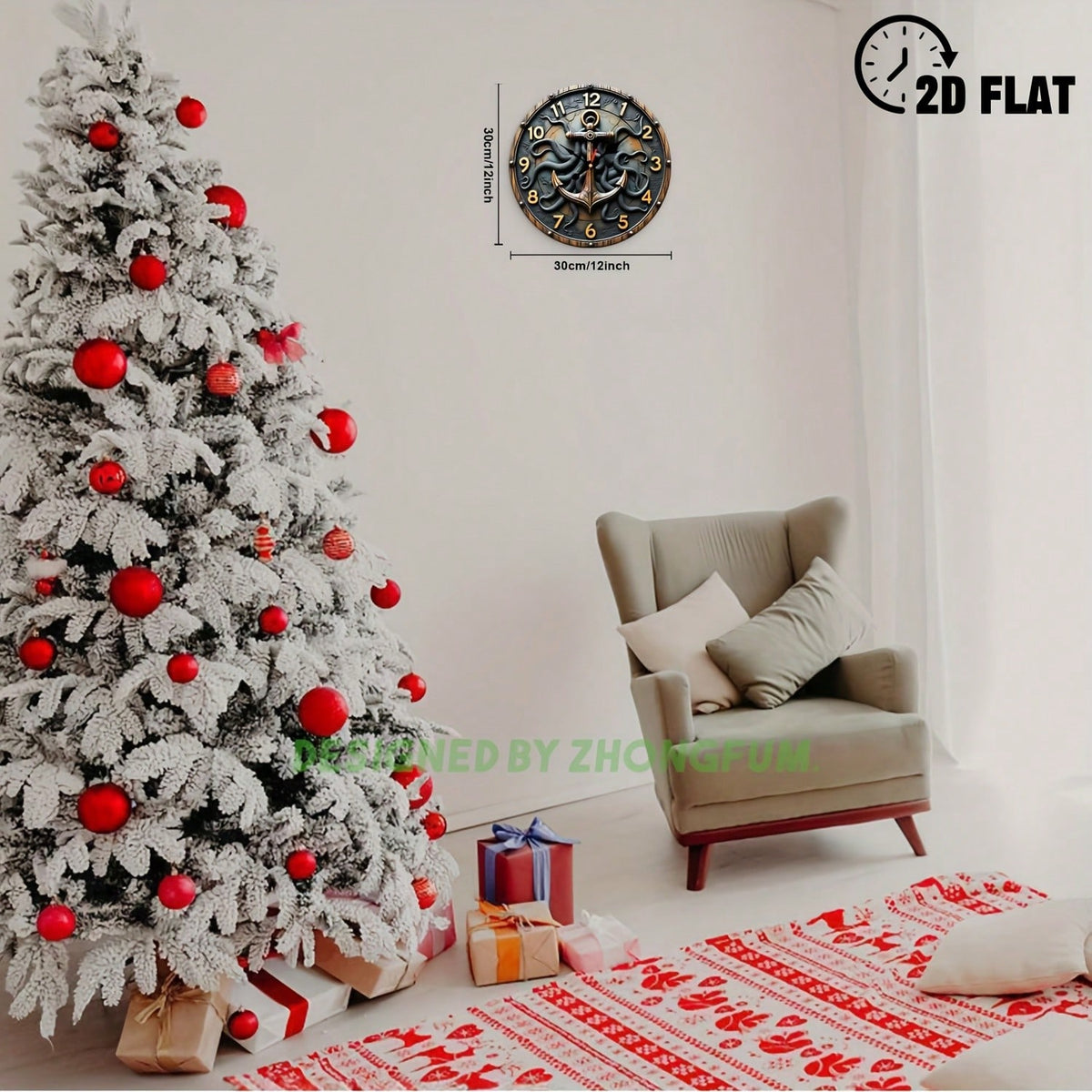 Wall Clock Decoration, Anchor And Tentacle. 2D Flat Pattern Wooden Silent Non-Ticking Bedroom Clock, Quiet Teaching Clock, Suitable For School