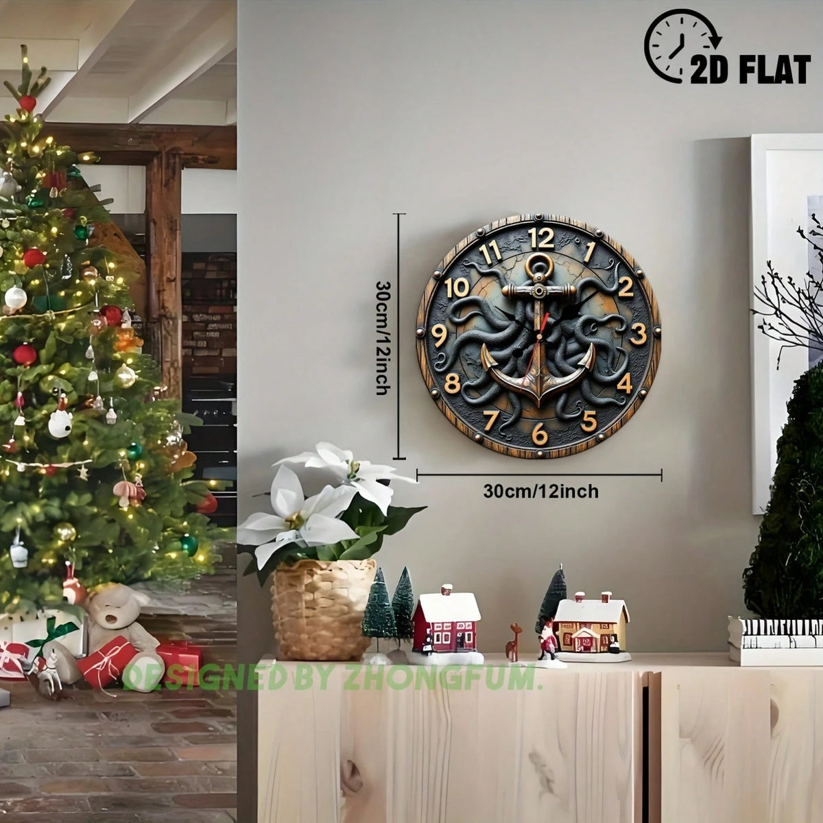 Wall Clock Decoration, Anchor And Tentacle. 2D Flat Pattern Wooden Silent Non-Ticking Bedroom Clock, Quiet Teaching Clock, Suitable For School