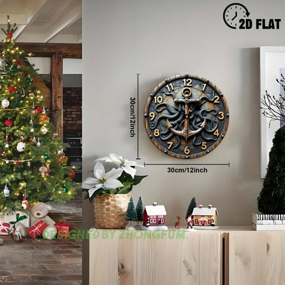 Wall Clock Decoration, Anchor And Tentacle. 2D Flat Pattern Wooden Silent Non-Ticking Bedroom Clock, Quiet Teaching Clock, Suitable For School