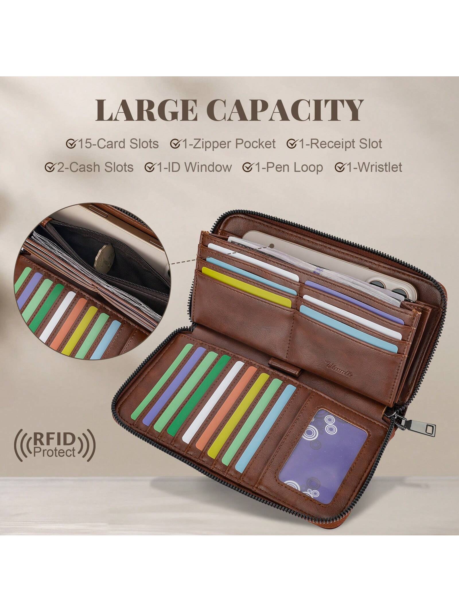 Wallet Women Large Capacity Clutch Purse Ultra Slim Womens Wallet RFID Blocking Long Ladies Wallet Rose