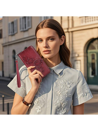 Wallet Women Large Capacity Clutch Purse Ultra Slim Womens Wallet RFID Blocking Long Ladies Wallet Rose