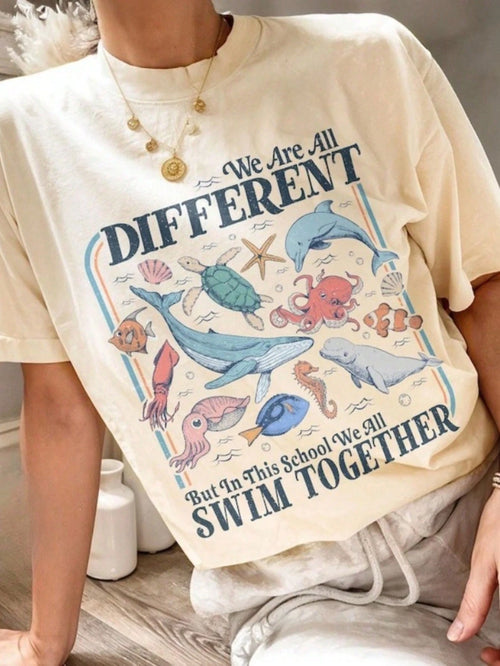 We All Swim Together Shirt, Teacher Back To School Shirt, Ocean Animal Classroom Shirt, Outfit% Cotton Oversized Short Sleeve C