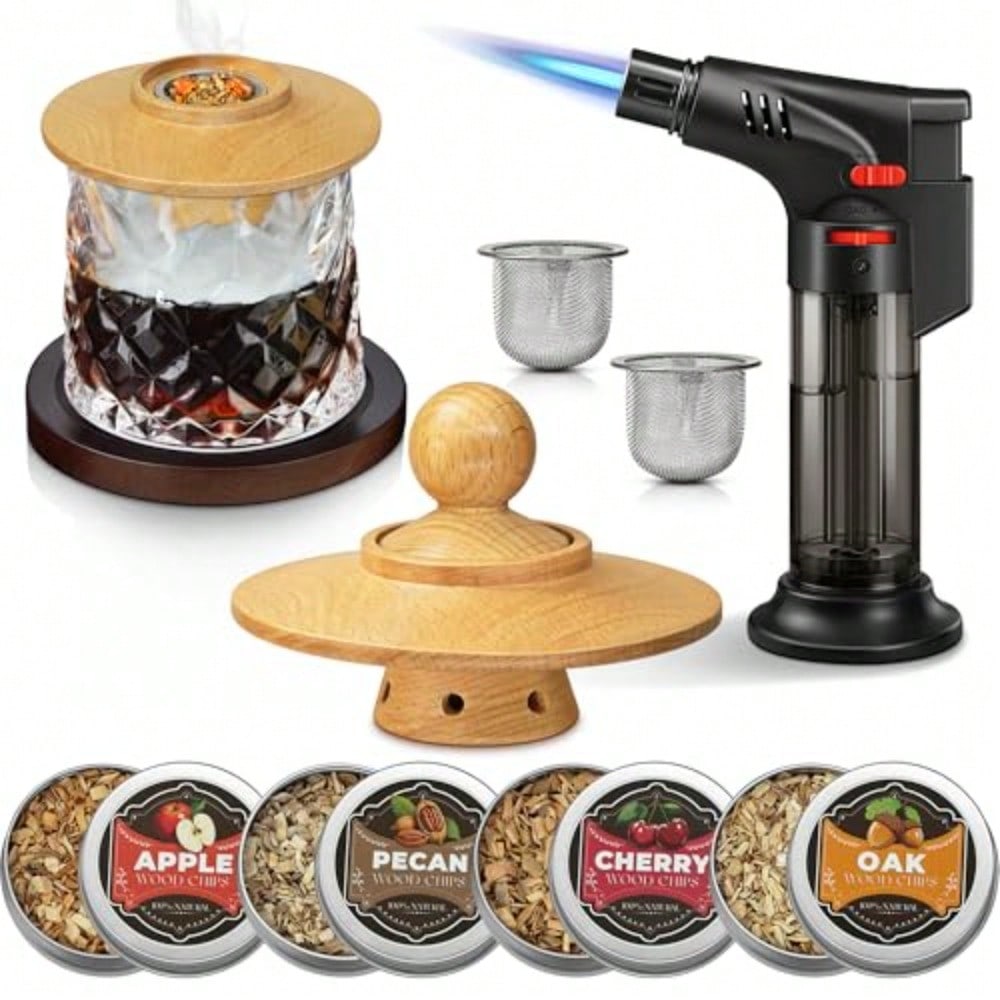Whiskey Er Kit With Torch Lighter, 4 Flavor Wood Chips + 2pcs Mesh Filter Bowls, Cocktails Er Infuser Kit, Old Fashioned Bourbon Drink Er Set, Gift For Dad Men Cocktail Lovers No Gas