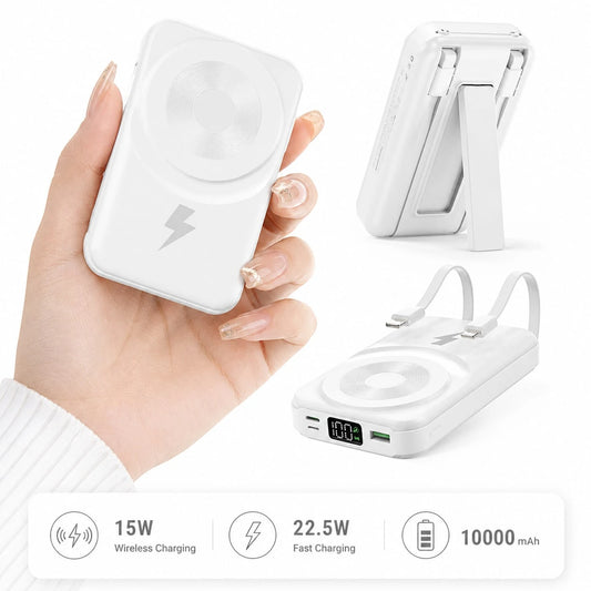 White 10000mAh Magnetic Portable Battery With 15W Wireless And 22.5W Fast Charge Output, Featuring A Visible Power Percentage Screen, Green Ring Detail And Rear Fold-Out Stand, Made For IPhone 16 Thro