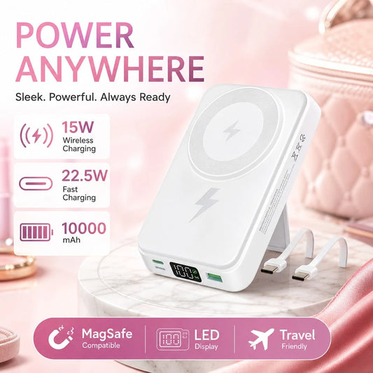 White 10000mAh Magnetic Portable Battery With 15W Wireless And 22.5W Fast Charge Output, Featuring A Digital Remaining-Power Display, Compact Body And Fold-Out Support For Travel Use, Compatible With