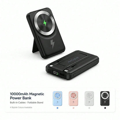 White 10000mAh Magnetic Portable Battery With 15W Wireless And 22.5W Fast Charge Output, Featuring A Digital Remaining-Power Display, Compact Body And Fold-Out Support For Travel Use, Compatible With