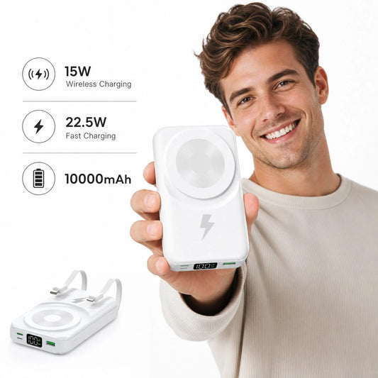 White 10000mAh Magnetic Power Bank With 15W Wireless And 22.5W Fast Charge Support, With Clear Remaining-Power Screen, Green Magnetic Ring And Adjustable Folding Support, Suited To 16, 15, 14, 13 And