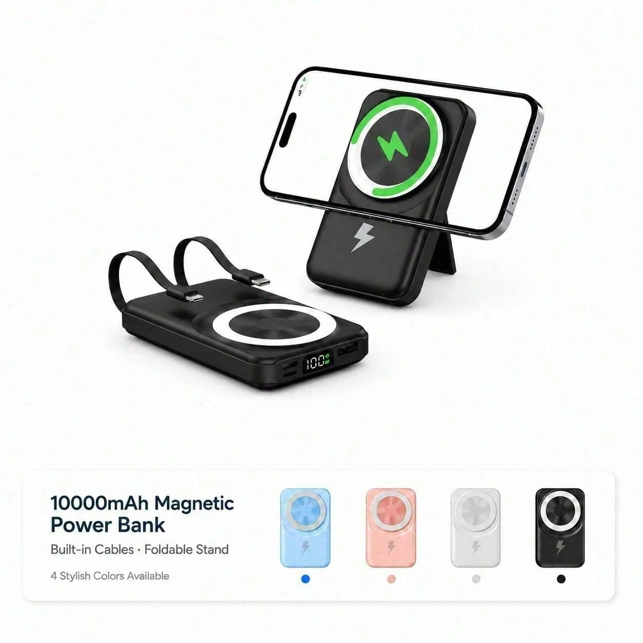 White 10000mAh Magnetic Power Bank With 15W Wireless And 22.5W Fast Charge Support, With Clear Remaining-Power Screen, Green Magnetic Ring And Adjustable Folding Support, Suited To 16, 15, 14, 13 And