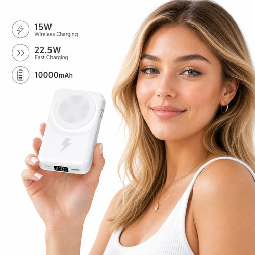 White 10000mAh Magnetic Wireless Power Bank With 15W Wireless And 22.5W Fast Charging, With Percentage Battery Screen, White And Green Styling And Adjustable Hands-Free Stand, Made For Magnetic-Ready