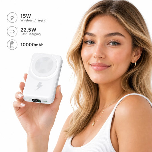 White 10000mAh Magnetic Wireless Power Bank With 15W Wireless And 22.5W Fast Charging, With Percentage Battery Screen, White And Green Styling And Adjustable Hands-Free Stand, Made For Magnetic-Ready