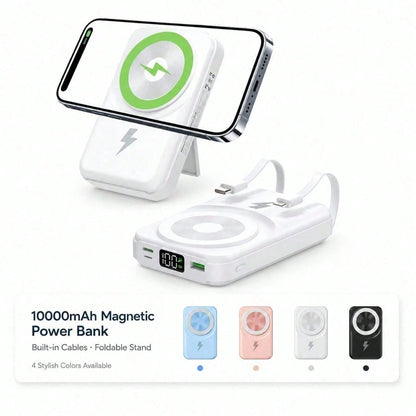 White 10000mAh Magnetic Wireless Power Bank With 15W Wireless And 22.5W Fast Charging, With Percentage Battery Screen, White And Green Styling And Adjustable Hands-Free Stand, Made For Magnetic-Ready