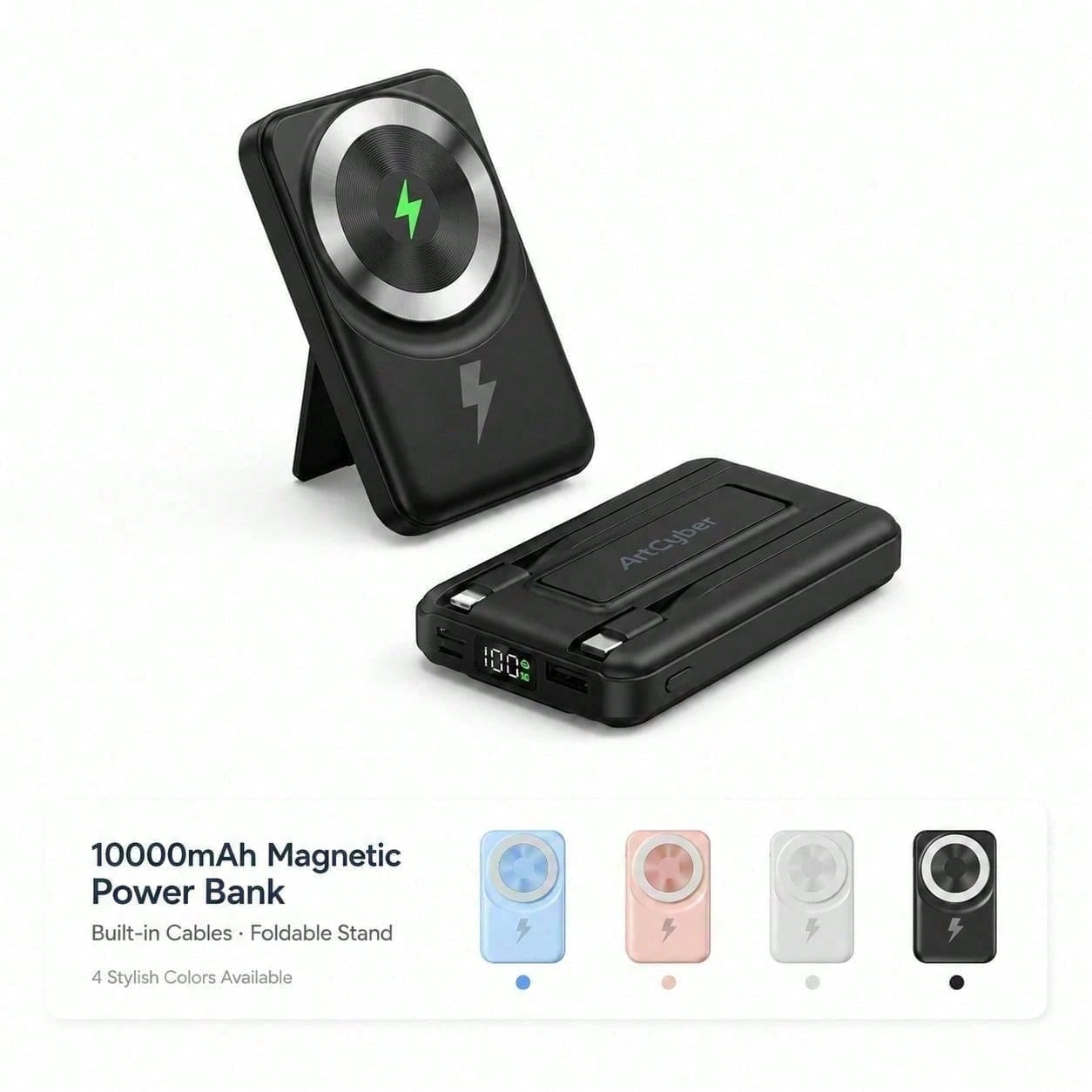 White 10000mAh Magnetic Wireless Power Bank With 15W Wireless And 22.5W Fast Charging, With Percentage Battery Screen, White And Green Styling And Adjustable Hands-Free Stand, Made For Magnetic-Ready