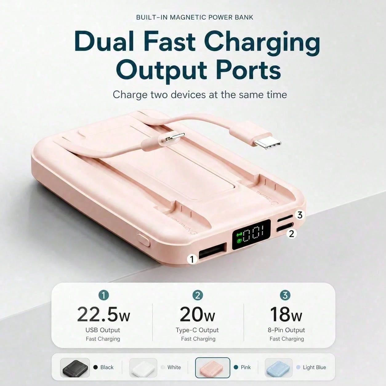 White 10000mAh Magnetic Wireless Power Bank With 15W Wireless And 22.5W Fast Charging, With Percentage Battery Screen, White And Green Styling And Adjustable Hands-Free Stand, Made For Magnetic-Ready