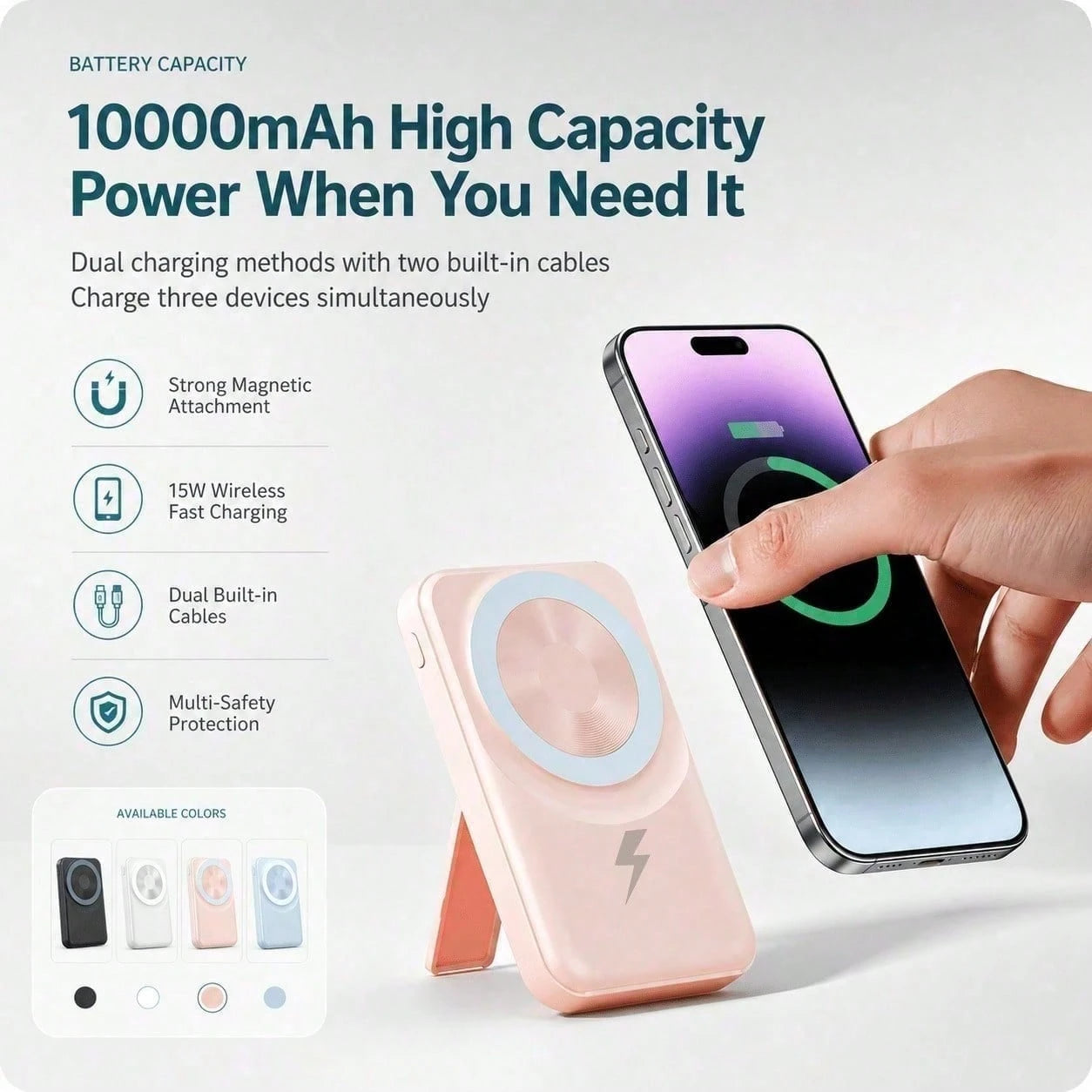 White 10000mAh Magnetic Wireless Power Bank With 15W Wireless And 22.5W Fast Charging, With Percentage Battery Screen, White And Green Styling And Adjustable Hands-Free Stand, Made For Magnetic-Ready