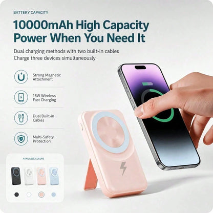 White 10000mAh Magnetic Wireless Power Bank With 15W Wireless And 22.5W Fast Charging, With Percentage Battery Screen, White And Green Styling And Adjustable Hands-Free Stand, Made For Magnetic-Ready