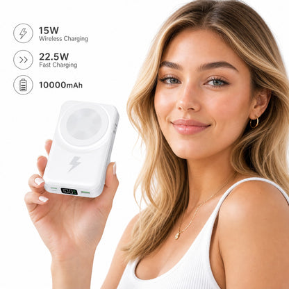 White 10000mAh Magnetic Wireless Power Bank With 15W Wireless And 22.5W Fast Charging, With Percentage Battery Screen, White And Green Styling And Adjustable Hands-Free Stand, Made For Magnetic-Ready