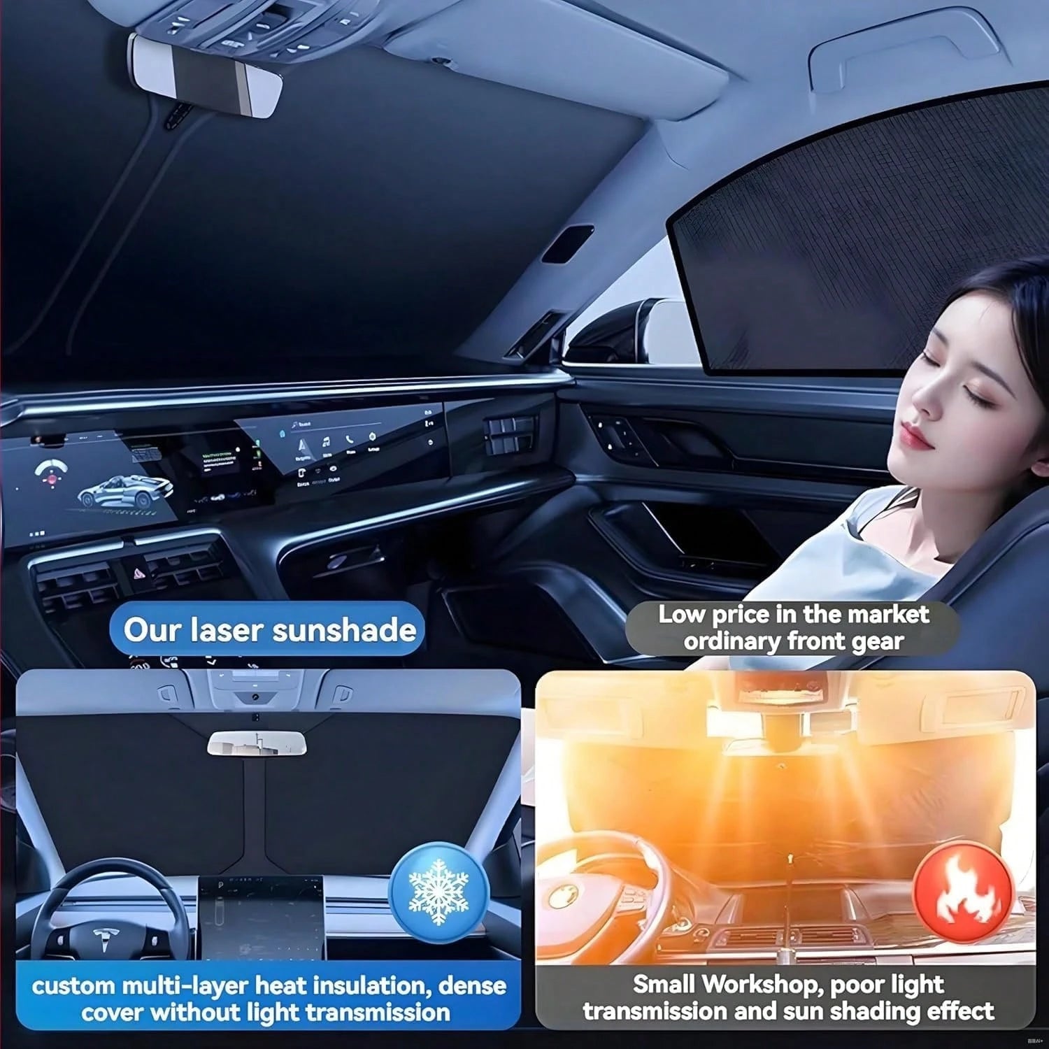 Windshield Sun Shade- Foldable Windshield Cover Sun Shade For Prius Accessories Protect Car From Sun Rays Overlapping UV Reflective Window Sunshade