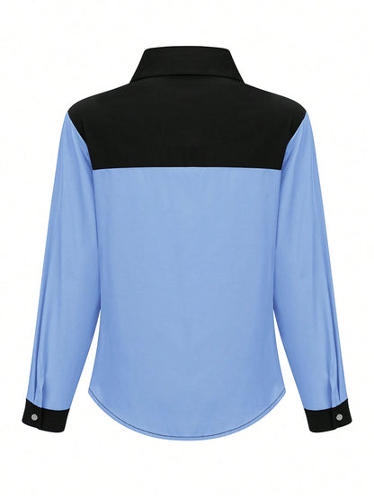Women Casual Contrast Color Button Front Shirt, Fashionable For Outdoor Daily Wear, Autumn Spring